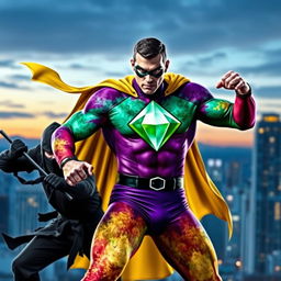 A dynamic superhero in a colorful suit featuring a large diamond embedded in the center of his chest