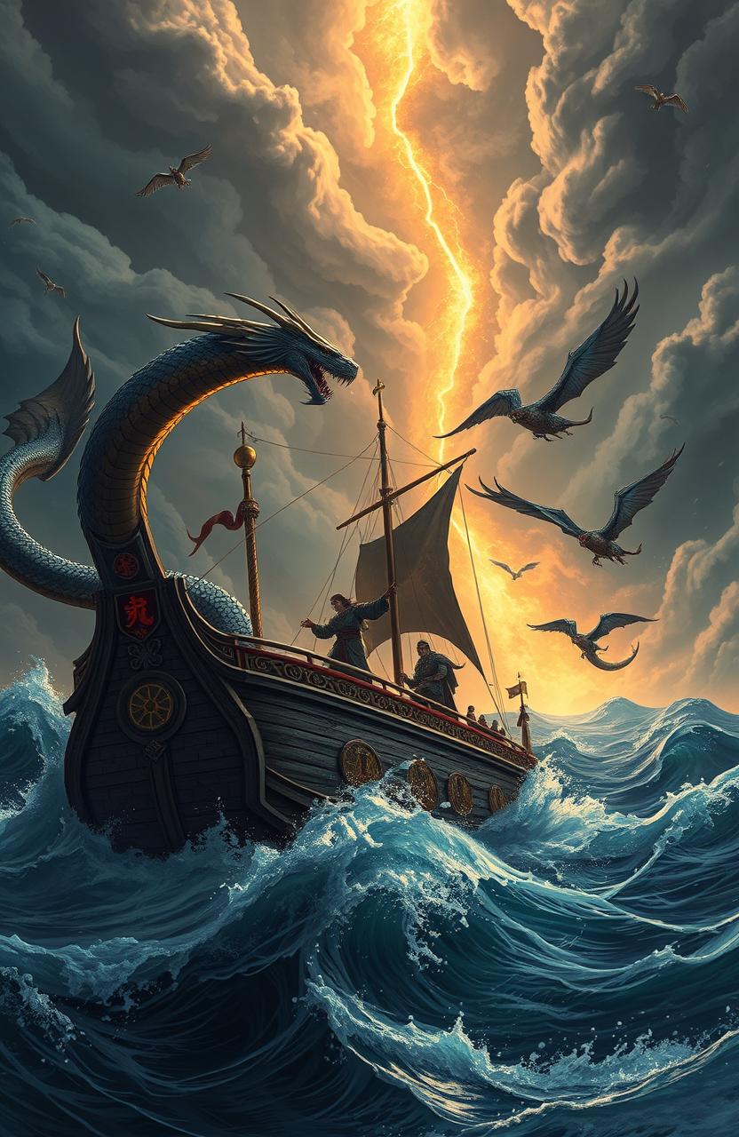 The Nidhogg Gambit: An epic fantasy scene showcasing characters reincarnated from Earth journeying across tumultuous seas on a grand ship