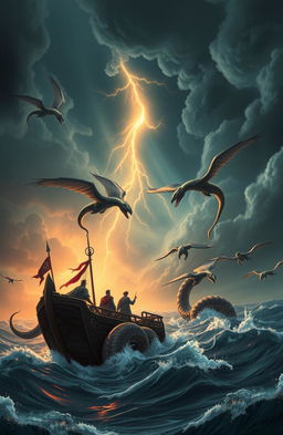 The Nidhogg Gambit: An epic fantasy scene showcasing characters reincarnated from Earth journeying across tumultuous seas on a grand ship