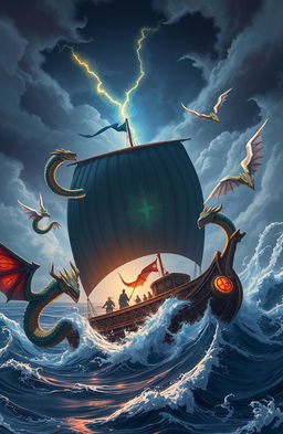 The Nidhogg Gambit: An epic fantasy scene showcasing characters reincarnated from Earth journeying across tumultuous seas on a grand ship