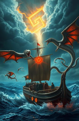 The Nidhogg Gambit: An epic fantasy scene showcasing characters reincarnated from Earth journeying across tumultuous seas on a grand ship