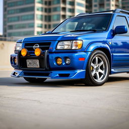 A 2001 Nissan Pathfinder SE R50, beautifully painted in Nissan's TV2 Bayside Blue and showcasing a sporty 2-inch lowered suspension