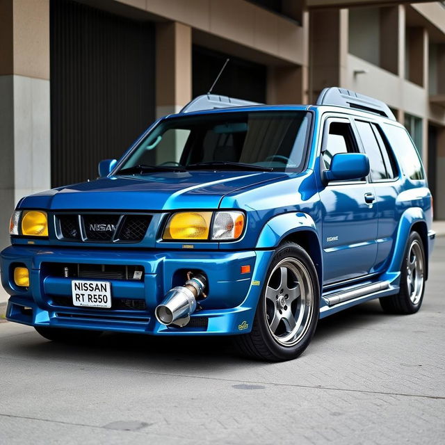 A 2001 Nissan Pathfinder SE R50, beautifully painted in Nissan's TV2 Bayside Blue and showcasing a sporty 2-inch lowered suspension