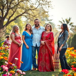 A harmonious and loving scene depicting a husband surrounded by his four wives, set in a picturesque outdoor garden with colorful flowers in full bloom