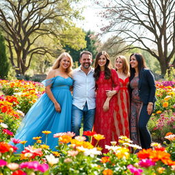 A harmonious and loving scene depicting a husband surrounded by his four wives, set in a picturesque outdoor garden with colorful flowers in full bloom