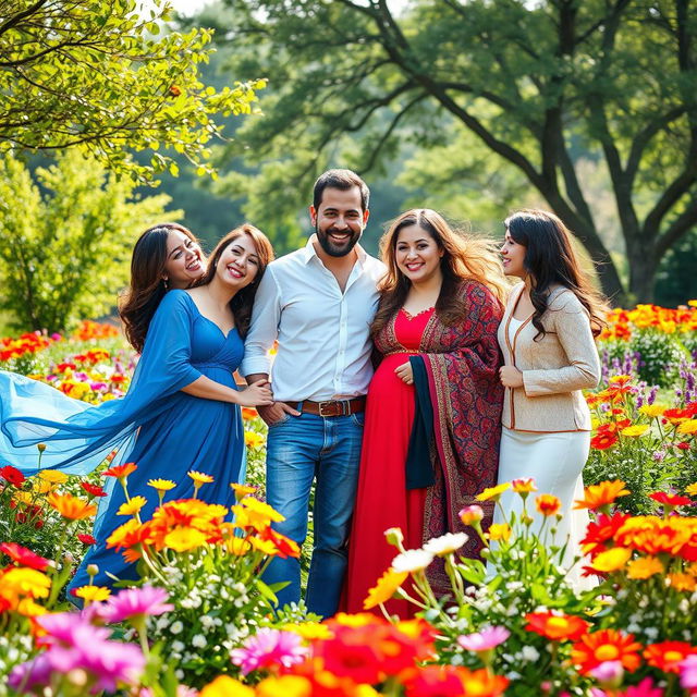 A harmonious and loving scene depicting a husband surrounded by his four wives, set in a picturesque outdoor garden with colorful flowers in full bloom