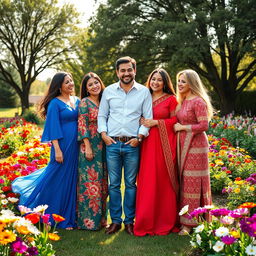 A harmonious and loving scene depicting a husband surrounded by his four wives, set in a picturesque outdoor garden with colorful flowers in full bloom