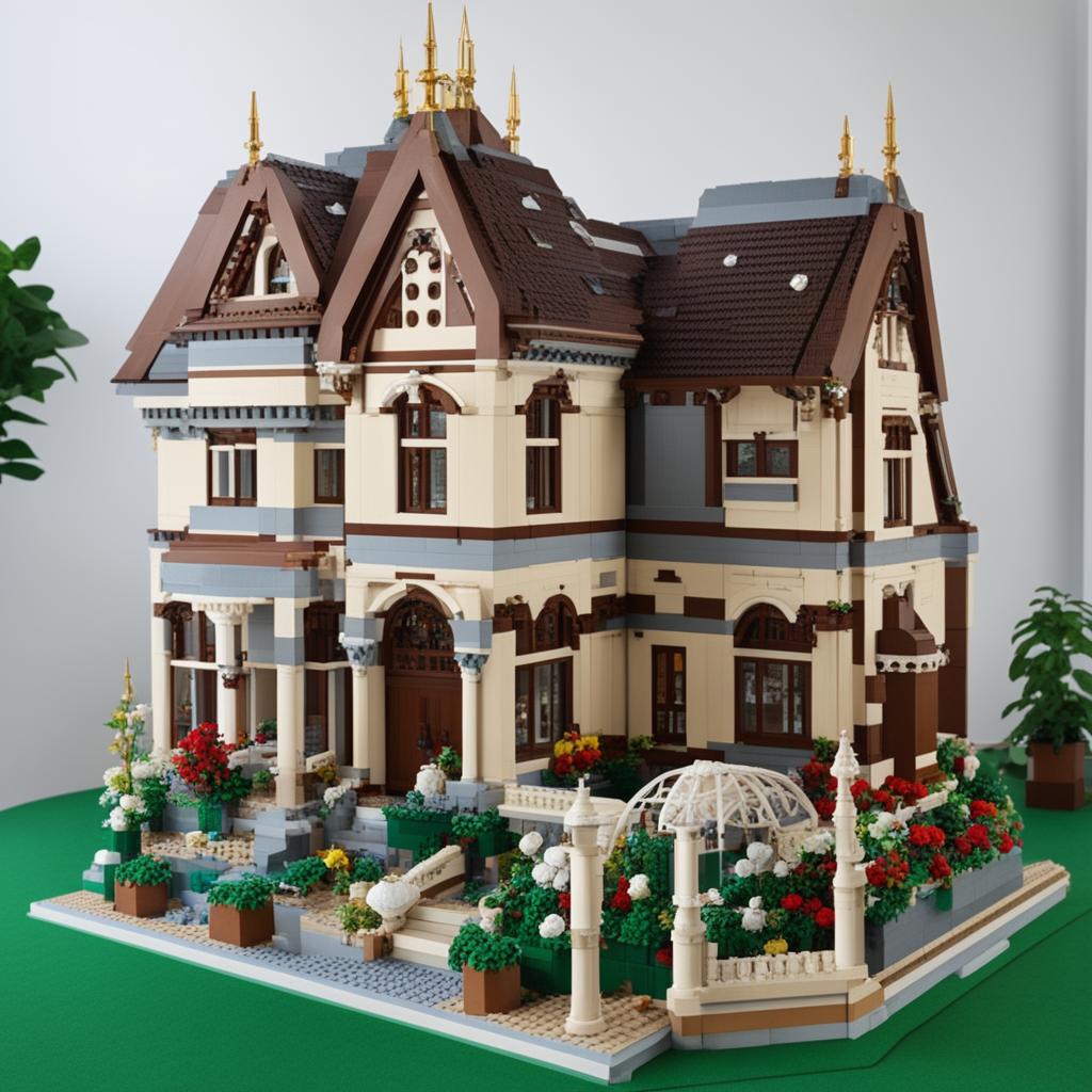 The image depicts a detailed Victorian villa constructed entirely from Lego bricks