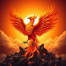 A majestic and powerful phoenix rising from its ashes, symbolizing rebirth and evolution