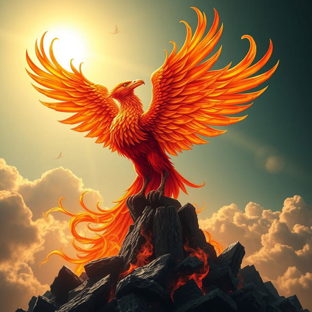 A majestic and powerful phoenix rising from its ashes, symbolizing rebirth and evolution