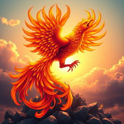 A majestic and powerful phoenix rising from its ashes, symbolizing rebirth and evolution