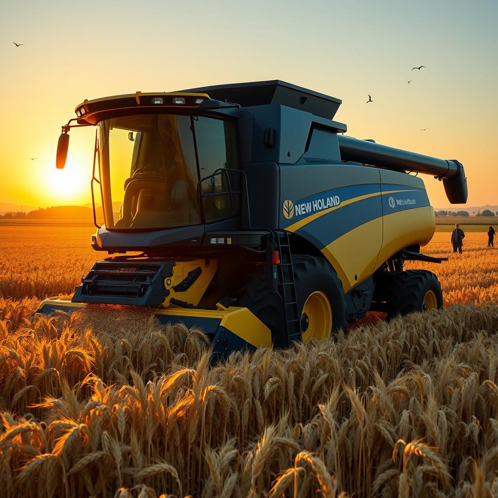 A New Holland combine harvester working in a vast golden wheat field