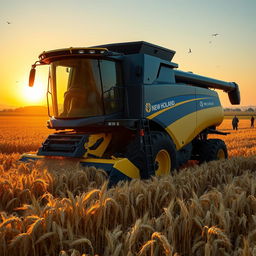 A New Holland combine harvester working in a vast golden wheat field