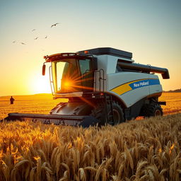 A New Holland combine harvester working in a vast golden wheat field