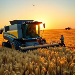 A New Holland combine harvester working in a vast golden wheat field