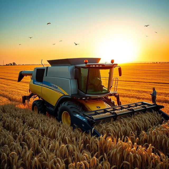 A New Holland combine harvester working in a vast golden wheat field