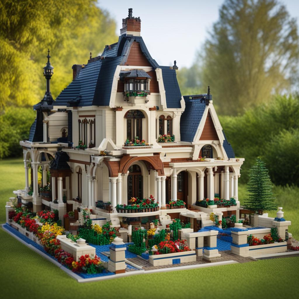 The image depicts a detailed Victorian villa constructed entirely from Lego bricks