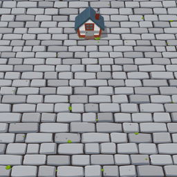 A detailed 2D texture depicting a gray brick surface, showcasing a pathway leading to a house