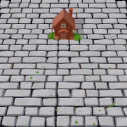 A detailed 2D texture depicting a gray brick surface, showcasing a pathway leading to a house