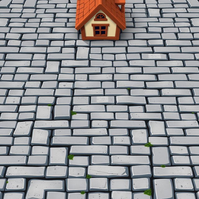 A detailed 2D texture depicting a gray brick surface, showcasing a pathway leading to a house
