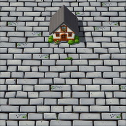 A detailed 2D texture depicting a gray brick surface, showcasing a pathway leading to a house