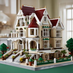 The image depicts a detailed Victorian villa constructed entirely from Lego bricks