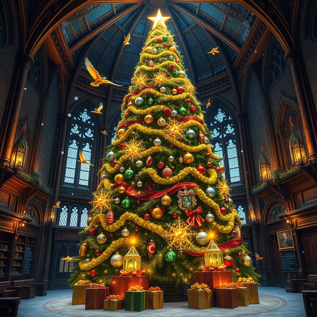 A towering, enchanted Christmas tree standing proudly in the Great Hall of Hogwarts, adorned with magical ornaments that twinkle and move