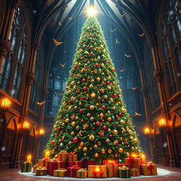 A towering, enchanted Christmas tree standing proudly in the Great Hall of Hogwarts, adorned with magical ornaments that twinkle and move