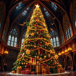 A towering, enchanted Christmas tree standing proudly in the Great Hall of Hogwarts, adorned with magical ornaments that twinkle and move