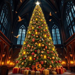 A towering, enchanted Christmas tree standing proudly in the Great Hall of Hogwarts, adorned with magical ornaments that twinkle and move
