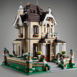 The image depicts a detailed Victorian villa constructed entirely from Lego bricks