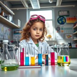 A young girl, around 11 years old, sitting at a laboratory bench, focused on her chemistry test