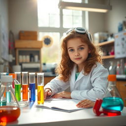 A young girl, around 11 years old, sitting at a laboratory bench, focused on her chemistry test