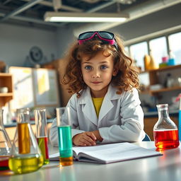 A young girl, around 11 years old, sitting at a laboratory bench, focused on her chemistry test
