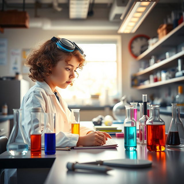 A young girl, around 11 years old, sitting at a laboratory bench, focused on her chemistry test