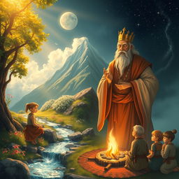 A fantastical depiction of a Hermit King on his life journey, showcasing different stages of his life