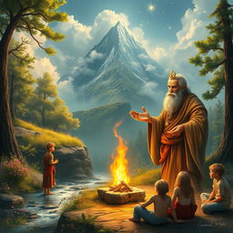 A fantastical depiction of a Hermit King on his life journey, showcasing different stages of his life