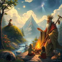 A fantastical depiction of a Hermit King on his life journey, showcasing different stages of his life