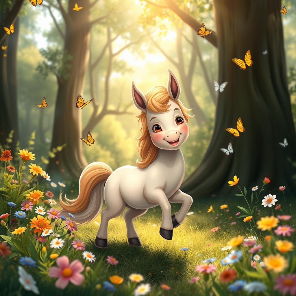 A cute centaur child playing joyfully in a lush, enchanted forest, surrounded by colorful wildflowers and butterflies