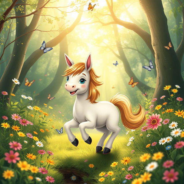 A cute centaur child playing joyfully in a lush, enchanted forest, surrounded by colorful wildflowers and butterflies