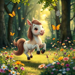 A cute centaur child playing joyfully in a lush, enchanted forest, surrounded by colorful wildflowers and butterflies