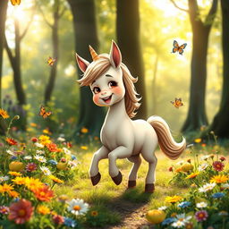 A cute centaur child playing joyfully in a lush, enchanted forest, surrounded by colorful wildflowers and butterflies
