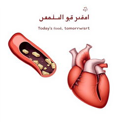 A detailed anatomical illustration of a damaged artery and a damaged heart, showcasing the effects of atherosclerosis