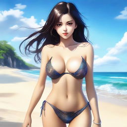 A hyper-realistic digital art image of a mysterious and alluring brunette woman in anime style