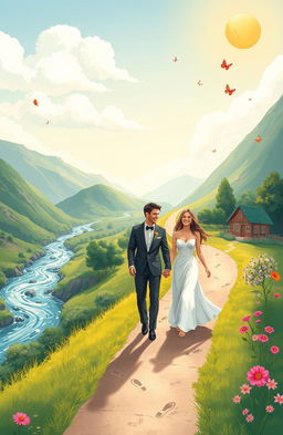 A beautiful metaphorical depiction of marriage as a journey, illustrated as a winding road through a lush valley and diverse landscapes
