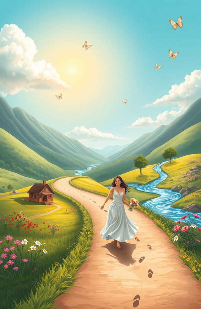 A beautiful metaphorical depiction of marriage as a journey, illustrated as a winding road through a lush valley and diverse landscapes