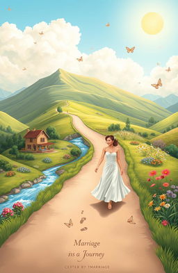 A beautiful metaphorical depiction of marriage as a journey, illustrated as a winding road through a lush valley and diverse landscapes