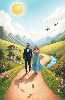 A beautiful metaphorical depiction of marriage as a journey, illustrated as a winding road through a lush valley and diverse landscapes