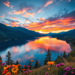 A professionally edited image showcasing a serene landscape featuring a tranquil lake surrounded by lush green mountains under a vibrant sunset sky