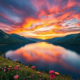 A professionally edited image showcasing a serene landscape featuring a tranquil lake surrounded by lush green mountains under a vibrant sunset sky